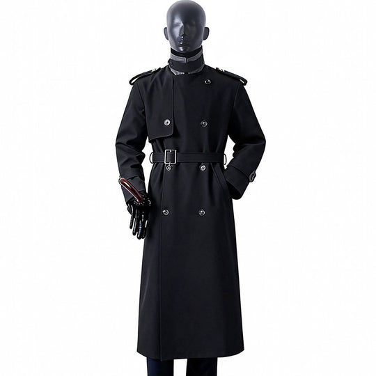 Herren Zeitloser Maxilanger Trenchcoat im Military-Stil mit Sturmklappe und Taillengürtel Shop Nory