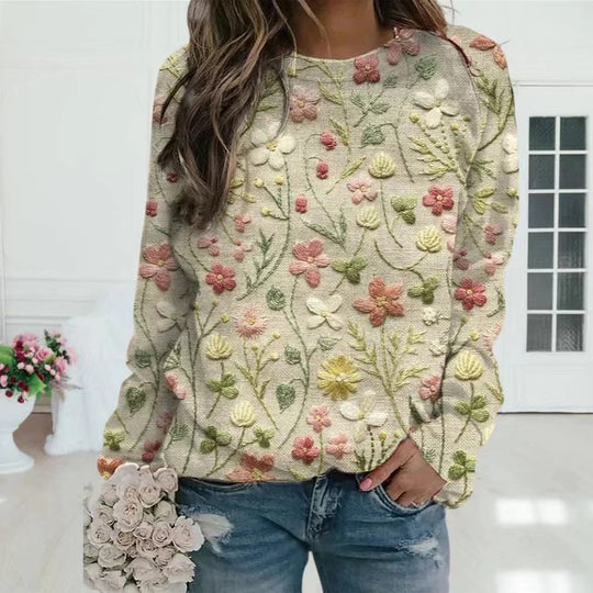 Damen nan bestickter Strickpullover mit reliefartiger Blumenstickerei und Rundhalsausschnitt Shop Nory