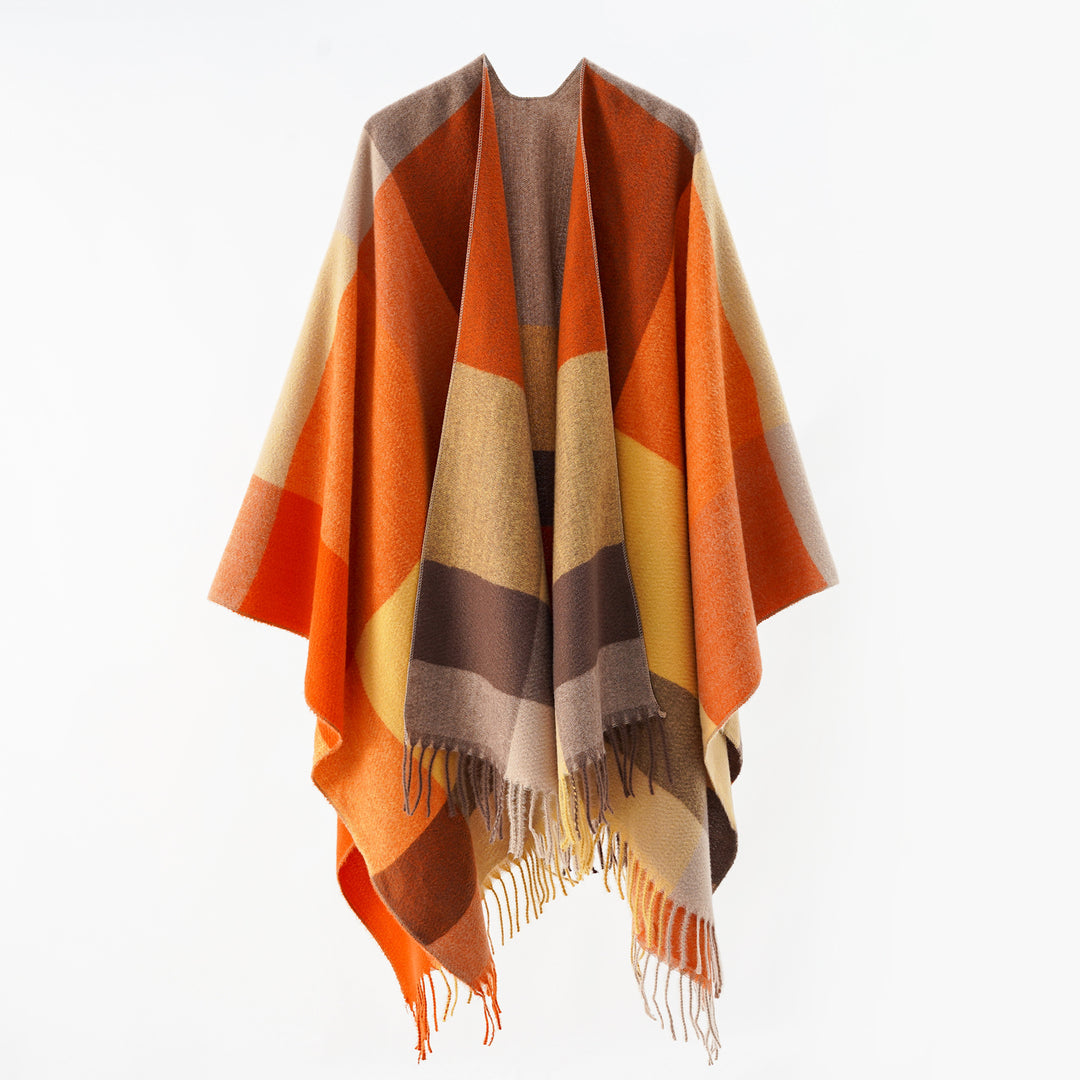 Damen Weiches Oversize-Cape aus Wollmischung mit großem Blockmuster und Fransensaum Shop Nory