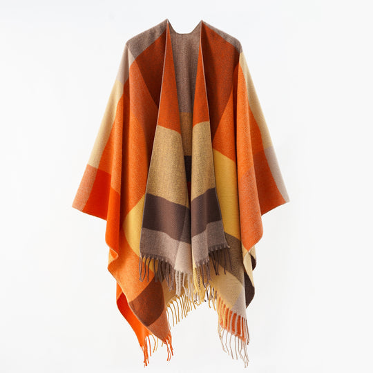 Damen Weiches Oversize-Cape aus Wollmischung mit großem Blockmuster und Fransensaum Shop Nory