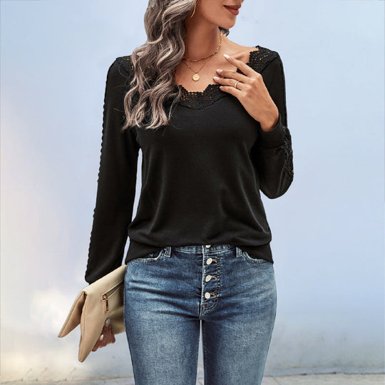 Damen Feinstrick-Longsleeve mit Spitzen-V-Ausschnitt und Spitzenbesatz an den Ärmeln Shop Nory