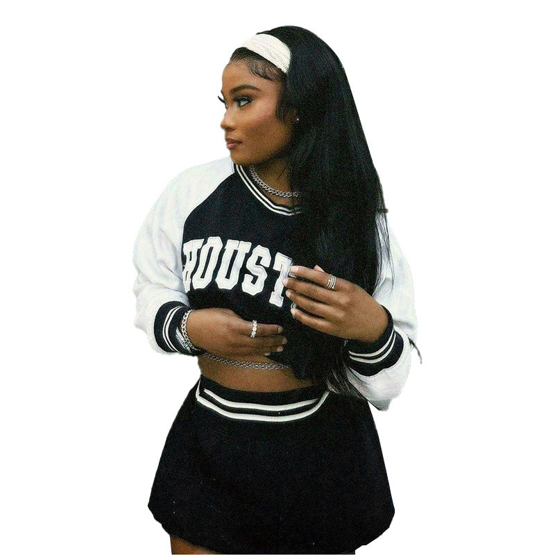Damen Zweiteiliges Sportives Crop-Sweatshirt- und Minirock-Set mit Raglanärmeln und geripptem Taillenbund Shop Nory