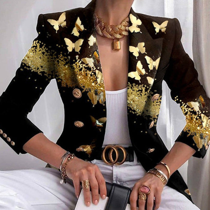 Damen Taillierter Doppelreihiger Blazer mit markanter Schulter, Goldknöpfen und Glitzer-Ombré Shop Nory