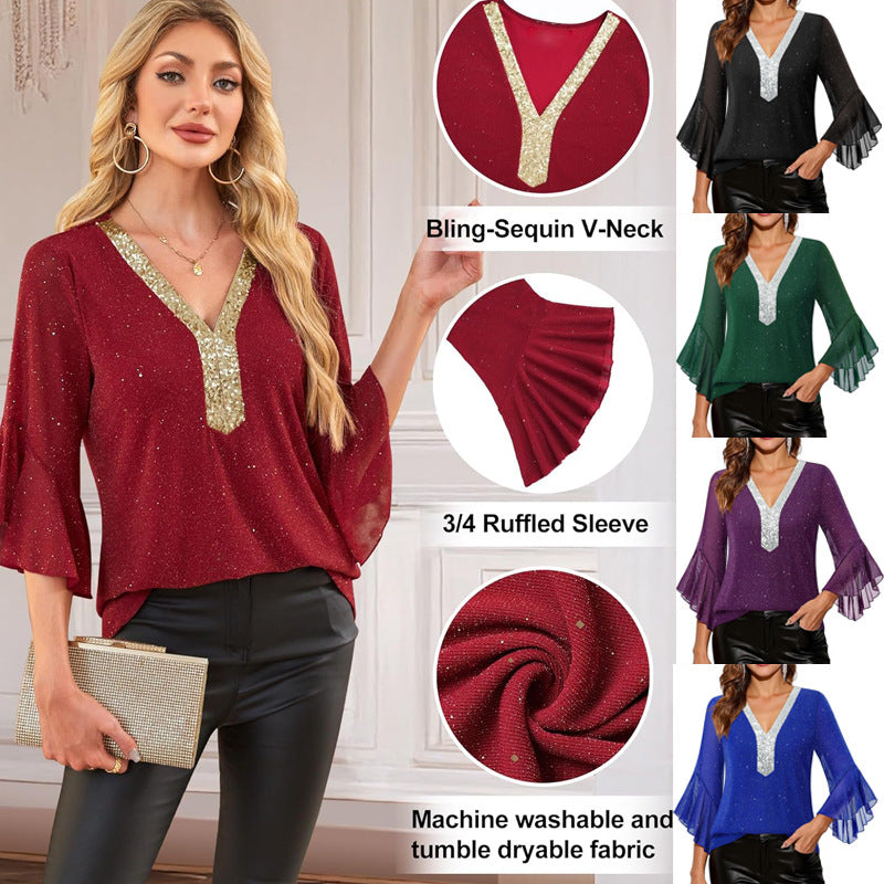 Damen Festliche Mesh-Bluse mit V-Ausschnitt, Paillettenbesatz und Volantärmeln Shop Nory