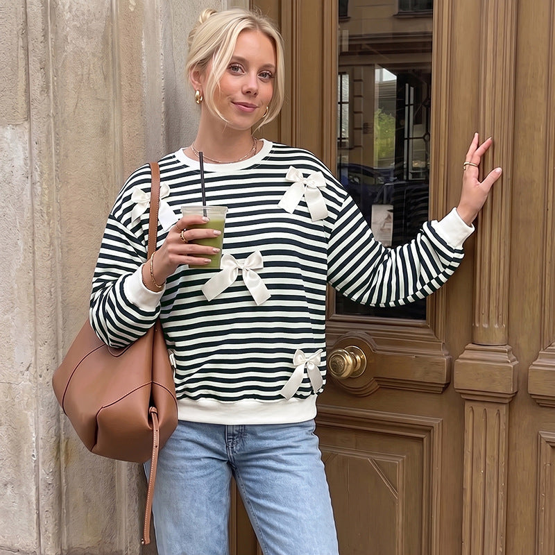 Damen Oversize Baumwoll-Sweatshirt mit maritimen Streifen und Zier-Schleifen Shop Nory