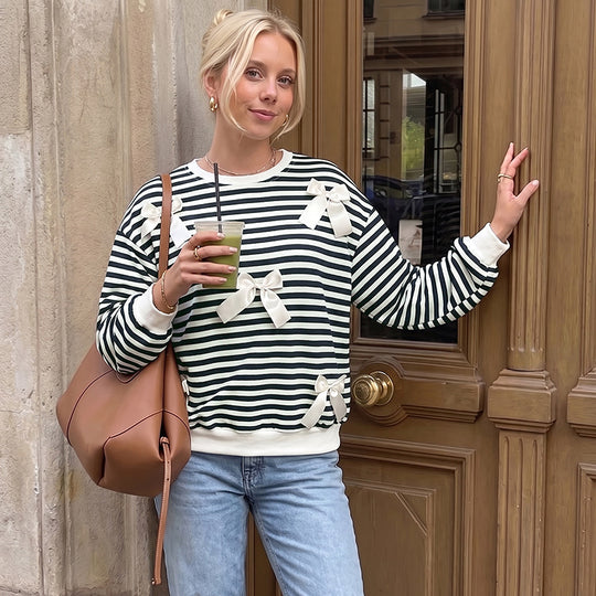 Damen Oversize Baumwoll-Sweatshirt mit maritimen Streifen und Zier-Schleifen Shop Nory
