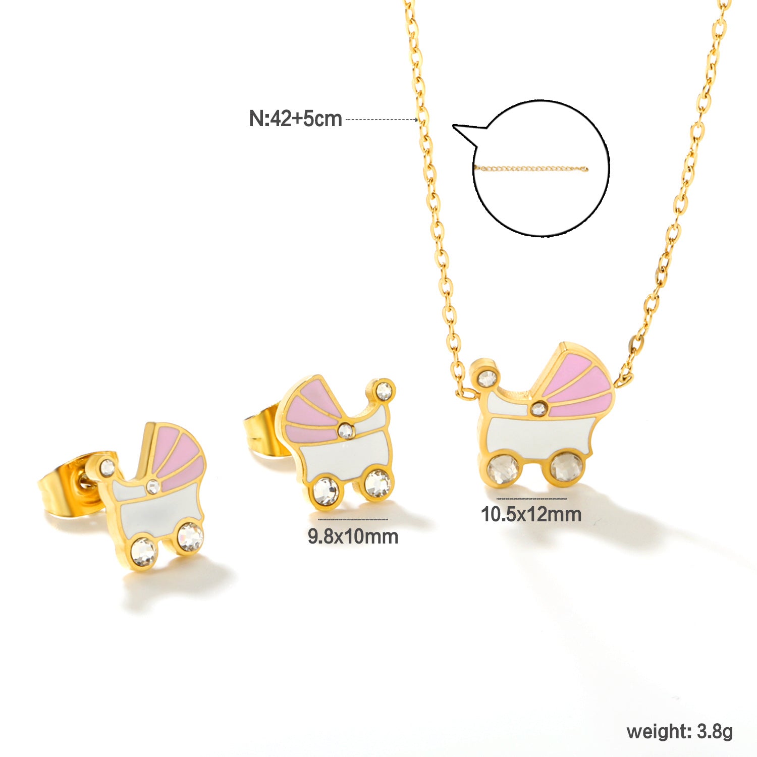 Damen Schmuckset mit modischem Kinderwagen-Anhänger und passenden Ohrsteckern Shop Nory