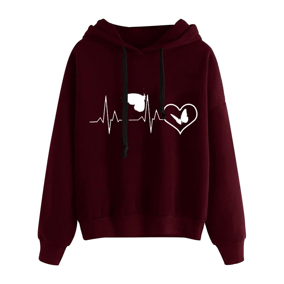 Damen nan leichter Oversize Kapuzenpullover mit Herz‑EKG‑Motiv, langen Kordeln und elastischem Bund Shop Nory