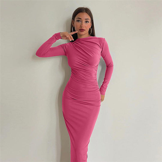 Damen figurbetontes Maxikleid mit hohem Kragen und seitlicher Raffung Shop Nory