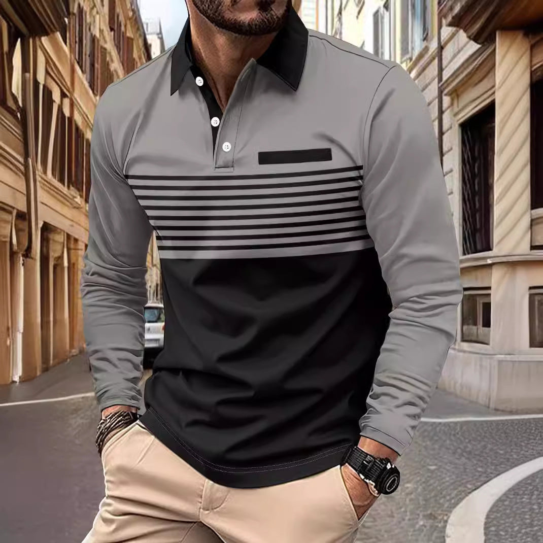 Herren nan langärmliges Poloshirt mit kontrastierendem Hemdkragen, dezenter Brustpaspel und feinem Streifenrelief Shop Nory