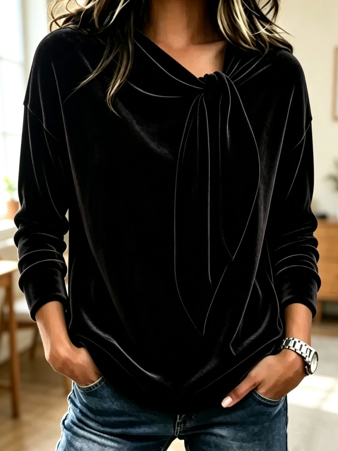 Damen Drapiertes Velours-Sweatshirt mit Knotenschalkragen Shop Nory