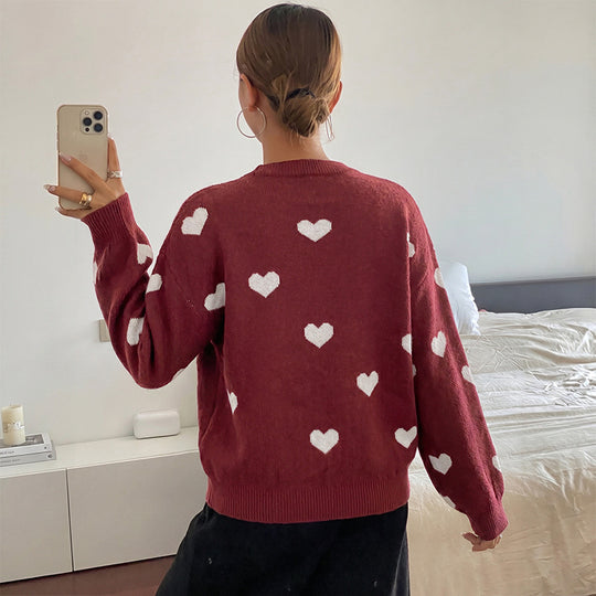 Damen Grobstrick-Pullover mit Herzintarsien und klassischem Rundhalsausschnitt Shop Nory