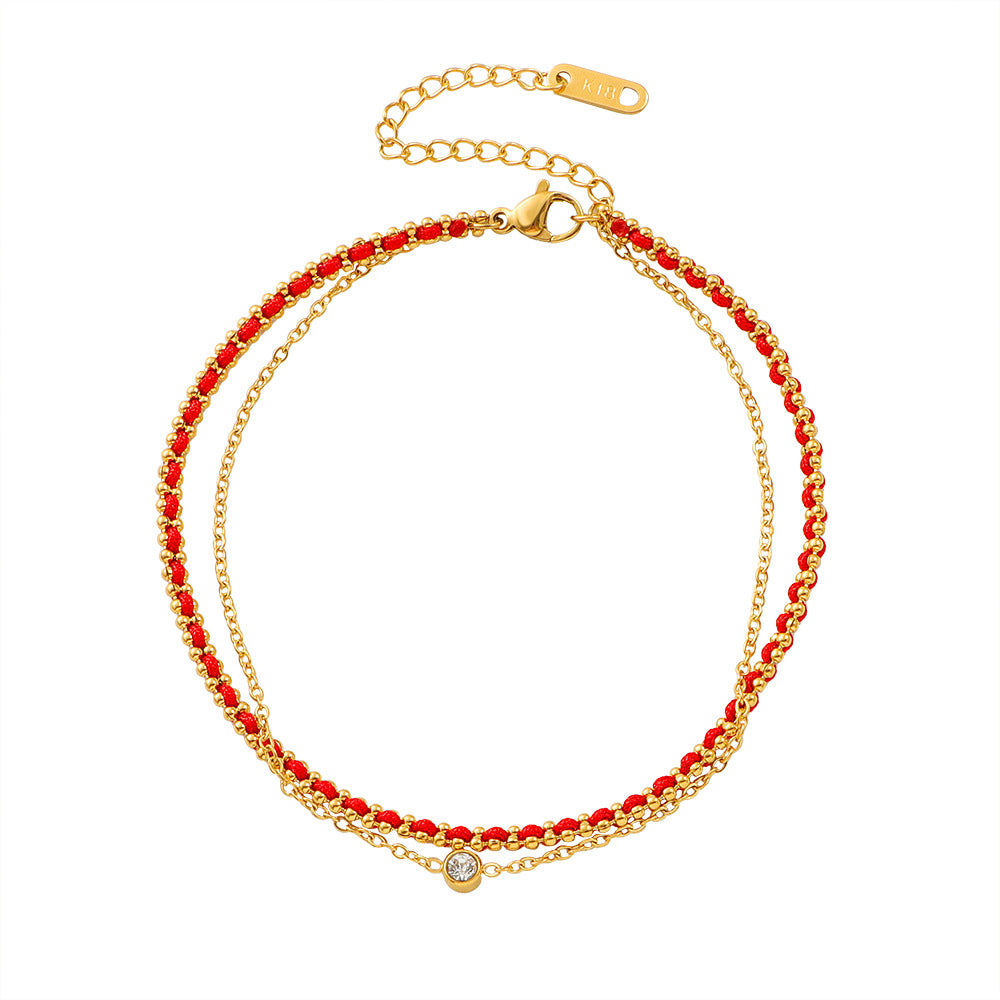 Damen Fußkette mit funkelnden Steinen und rotem Design Shop Nory
