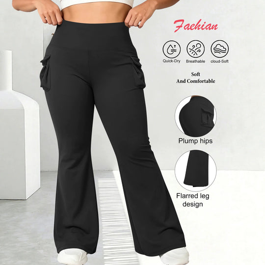 Damen High-Waist Flared-Leggings mit seitlichen Rüschen- und Handytaschen Shopy Nory