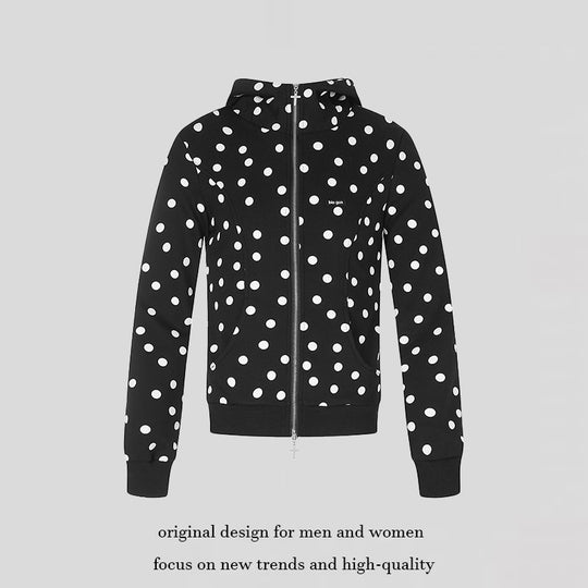 Damen Figurnahe Kapuzen‑Sweatjacke mit Punktmuster, Metall-Frontreißverschluss und Kängurutaschen Shop Nory