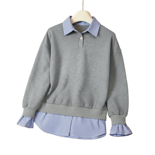 Damen Lagen-Look Sweatshirt mit eingearbeitetem Hemdsaum und Rüschenmanschetten Shop Nory