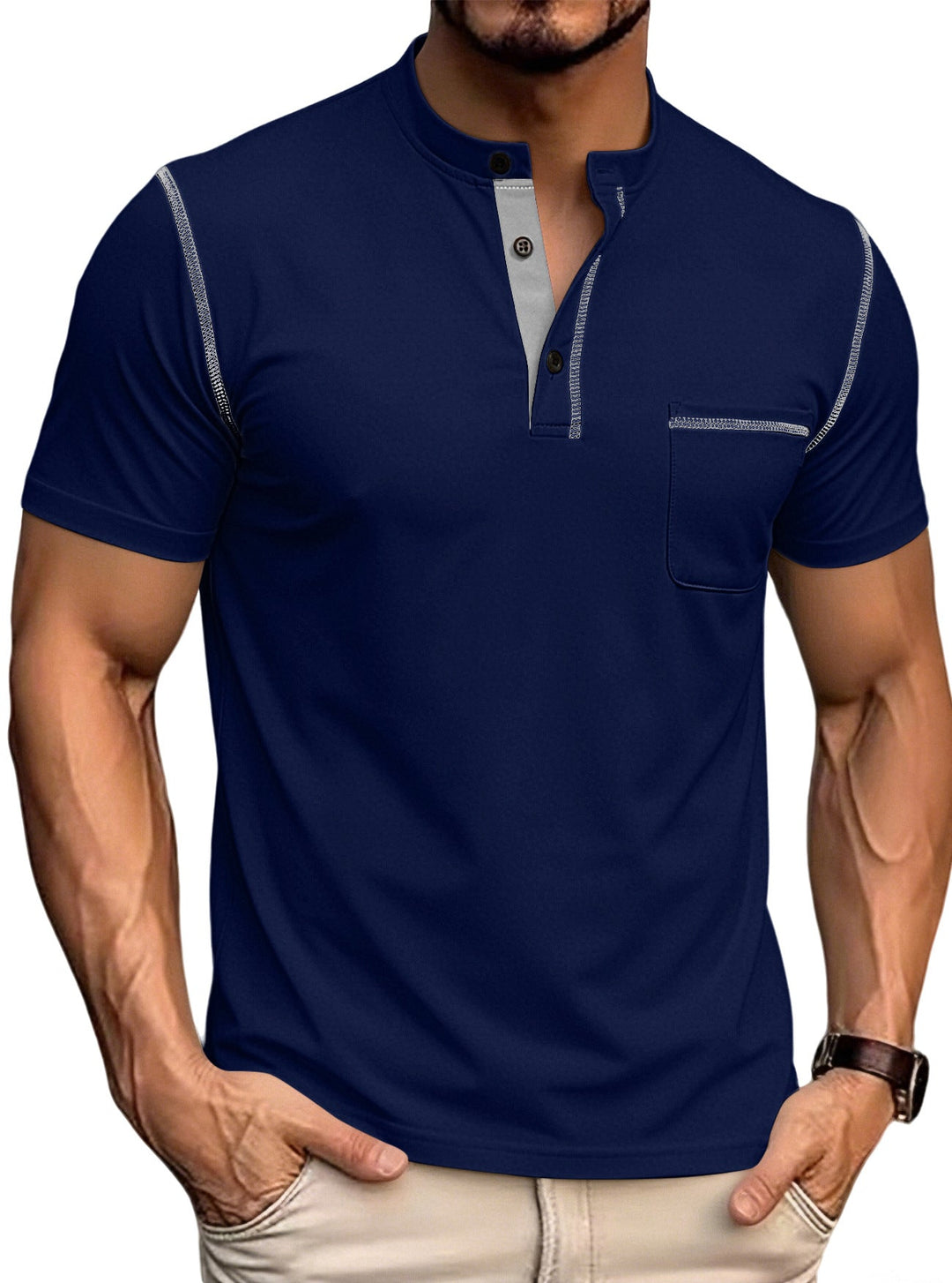 Herren nan kurzärmeliges Henley-Shirt mit Stehkragen, Brusttasche und kontrastierenden Ziernähten