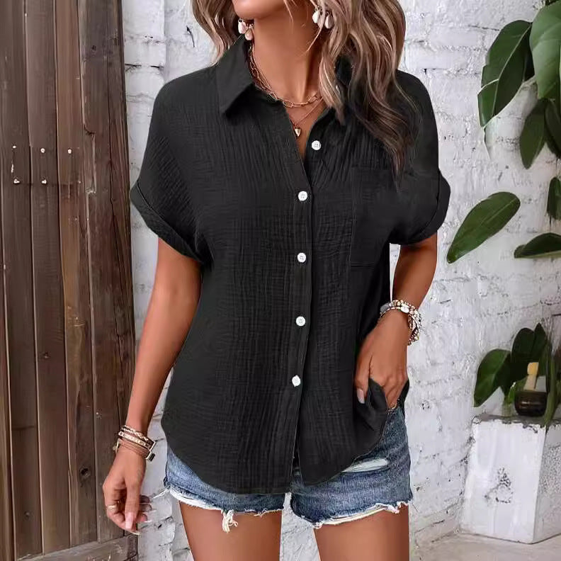 Damen lässige Kurzarm-Hemdbluse aus strukturiertem Stoff
