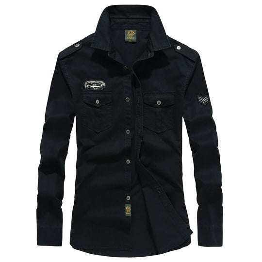 Herren Military-Utility Langarm-Canvashemd mit Brustpattentaschen und Schulterepauletten Shop Nory
