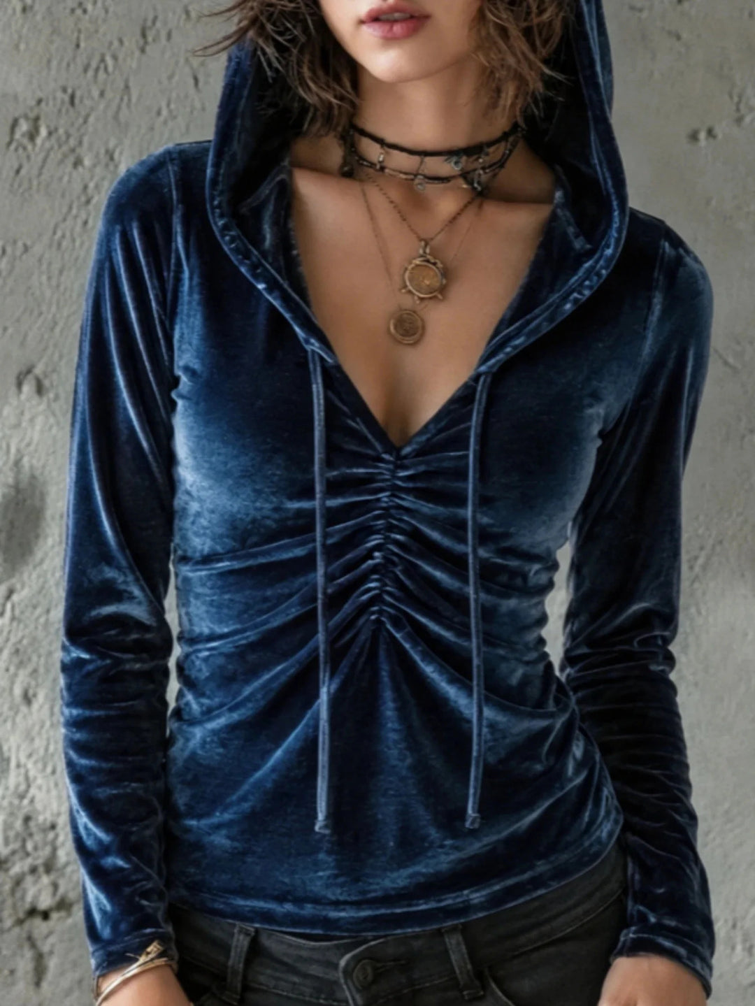 Damen Samt-Hoodie-Shirt mit geraffter V‑Ausschnitt‑Front Shop Nory