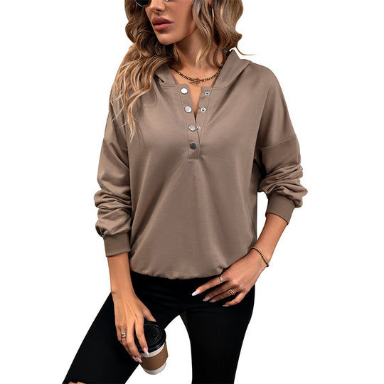 Damen Lässiges Kapuzen-Henley-Sweatshirt mit Druckknopfleiste und Gummizug-Saum Shop Nory