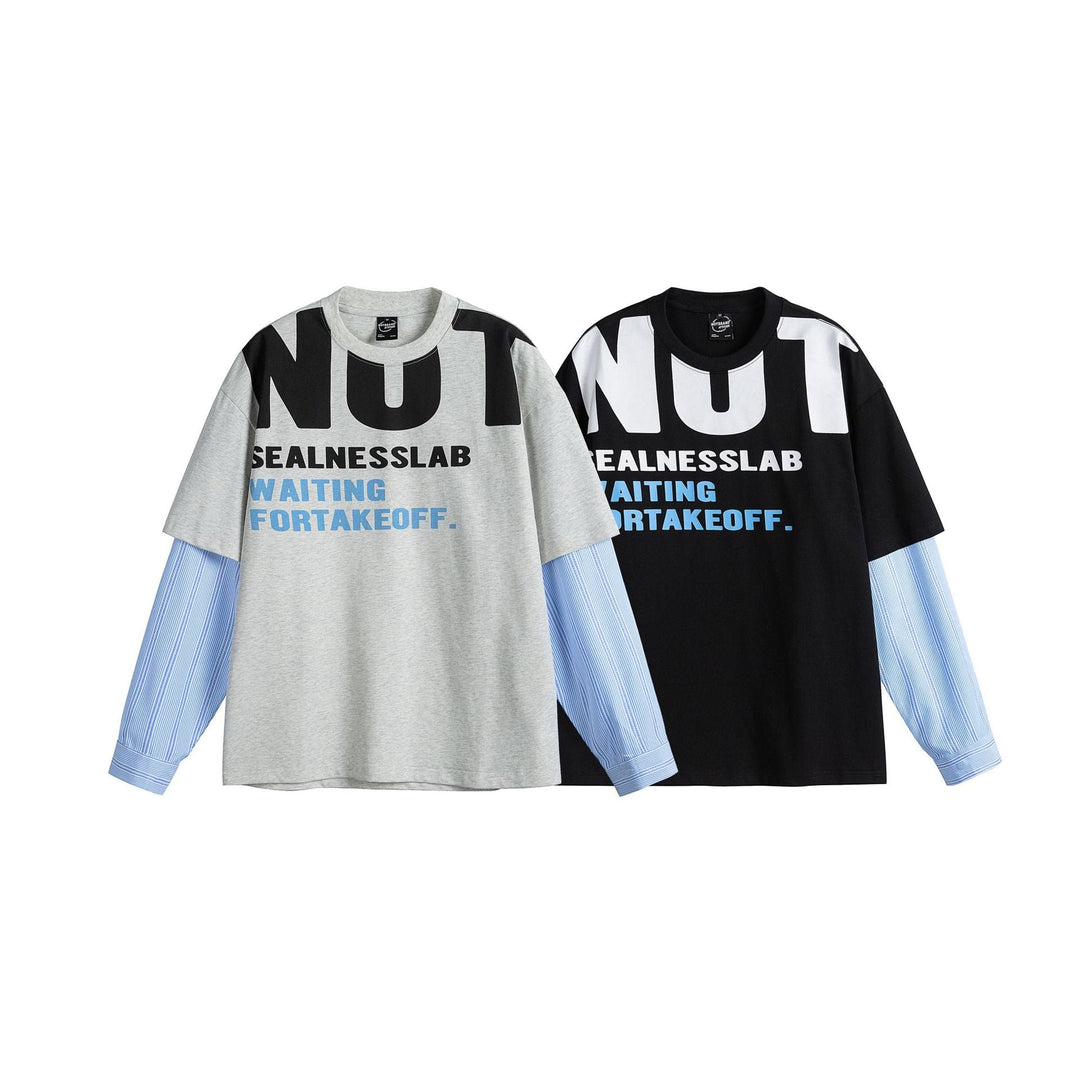 Damen Lagenlook T-Shirt mit eingearbeiteten Hemdärmeln und oversized Print Shop Nory