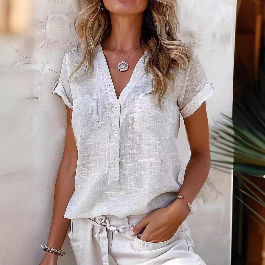 Damen Kurzarm Leinenbluse mit Knopfdetails