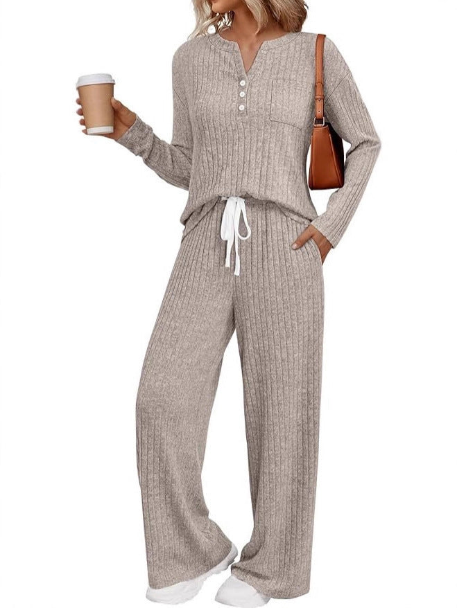 Damen Rippstrick-Lounge-Set mit Knopfleiste und weitem Kordelbund-Hose Shop Nory