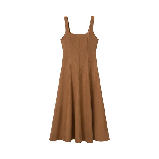 Damen A-Linien Midikleid aus Wildlederoptik mit eckigem Ausschnitt und Prinzessnähten Shop Nory