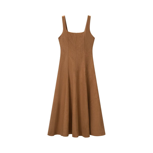 Damen A-Linien Midikleid aus Wildlederoptik mit eckigem Ausschnitt und Prinzessnähten Shop Nory