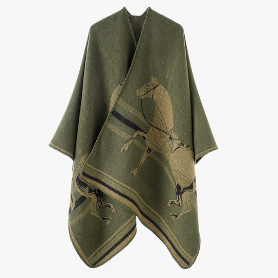 Damen Poncho-Cape aus Wollmix mit gewebtem Pferde-Jacquard und kontrastkettelung Shop Nory