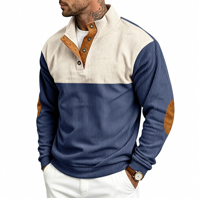 Herren Strukturierter Troyer-Pullover mit Stehkragen, Druckknopfleiste und Ellbogen‑Patches Shop Nory