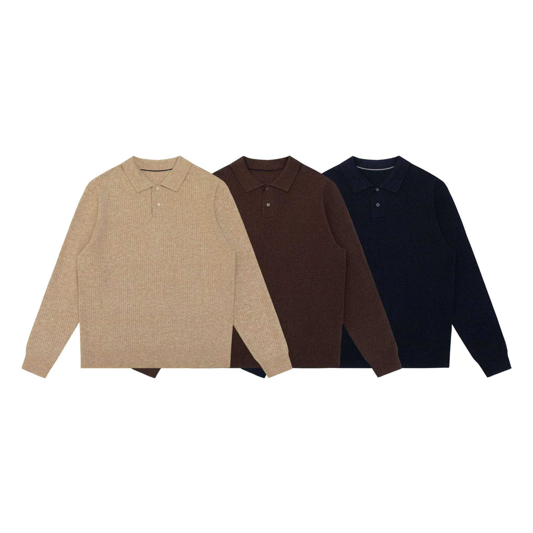 Unisex Gerippter Polokragen-Pullover aus Feinstrick mit Knopfleiste Shop Nory