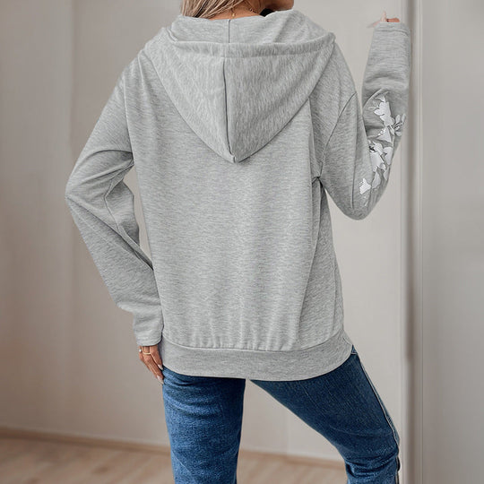 Damen Kapuzenpullover mit halbem Reißverschluss, Kängurutasche & floralen Ärmelapplikationen Shop Nory