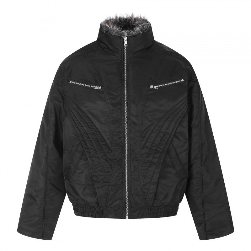 Herren Kurzjacke im Retro-Pufferstil mit hochschließendem Kunstfellkragen und dekorativer Wellensteppung Shop Nory