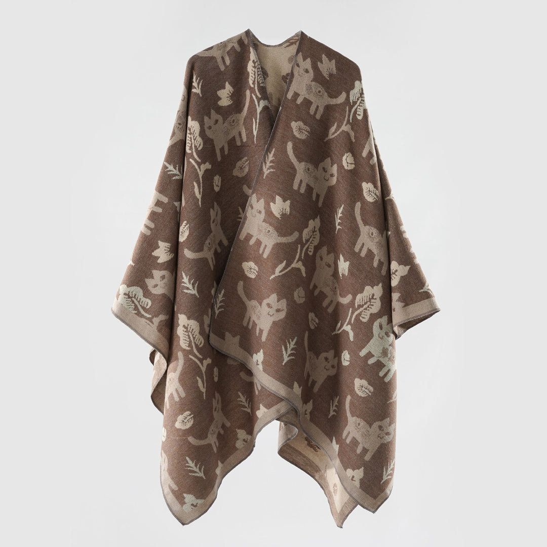 Damen Oversized Ruana im Jacquard mit Katzen- & Blumenmotiv Shop Nory