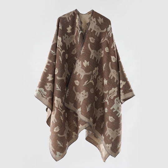 Damen Oversized Ruana im Jacquard mit Katzen- & Blumenmotiv Shop Nory