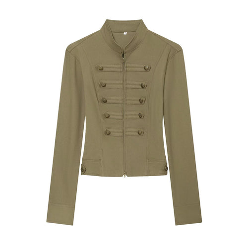 Damen Taillierte Militärinspirierte Kurzjacke mit Stehkragen und Zierknopfleisten Shop Nory
