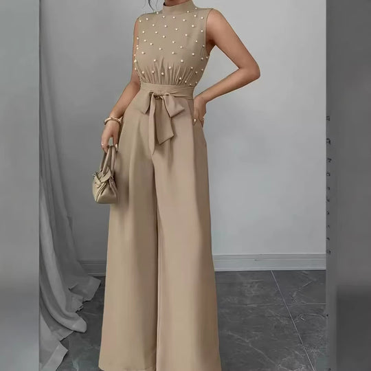 Damen Eleganter Jumpsuit mit Perlenbesatz, Stehkragen und weitem Palazzo-Bein Shop Nory