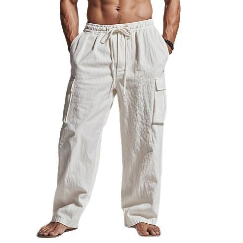 Herren locker geschnittene Leinen-Cargohose mit Elastikbund und Kordelzug Shop Nory