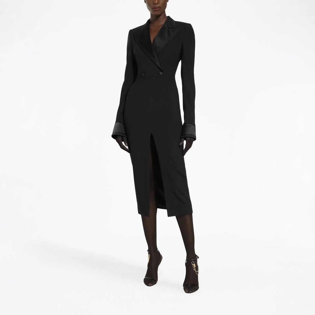 Damen Tailliertes Blazerkleid im Longcut mit Satinrevers und Frontschlitz Shop Nory