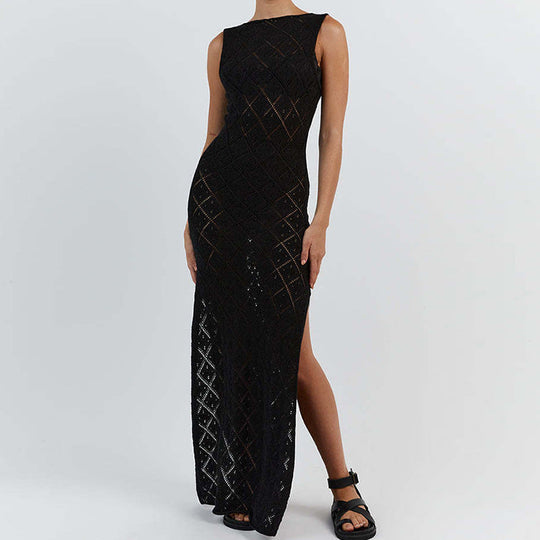 Damen Häkelkleid mit kreativem Rautenmuster und ärmellosem Schnitt