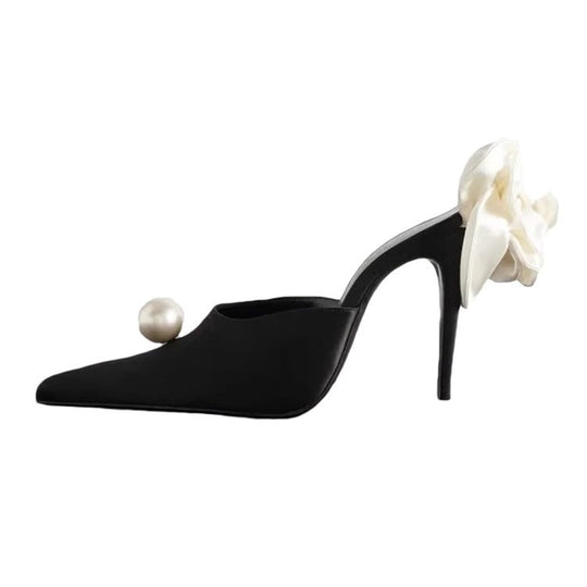 Damen Spitz zulaufende Mules mit Dekorperle, Rüschen-Fersenband und Schnürriemen Shop Nory