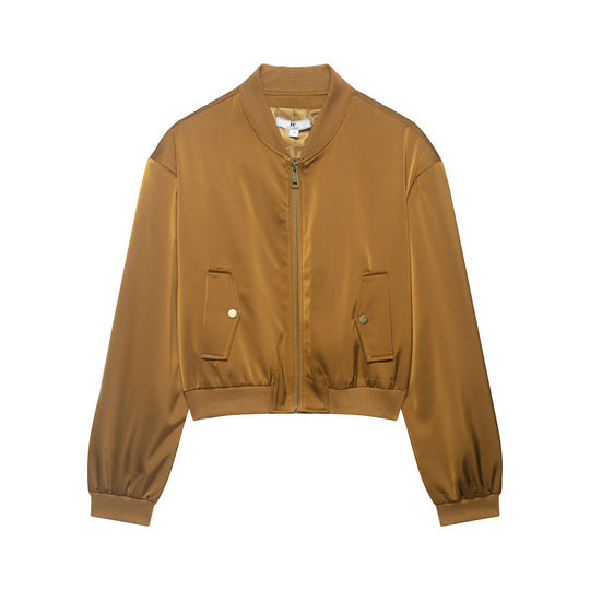 Damen gekürzte Satin-Bomberjacke mit Rippsaum und aufgesetzten Pattentaschen Shop Nory