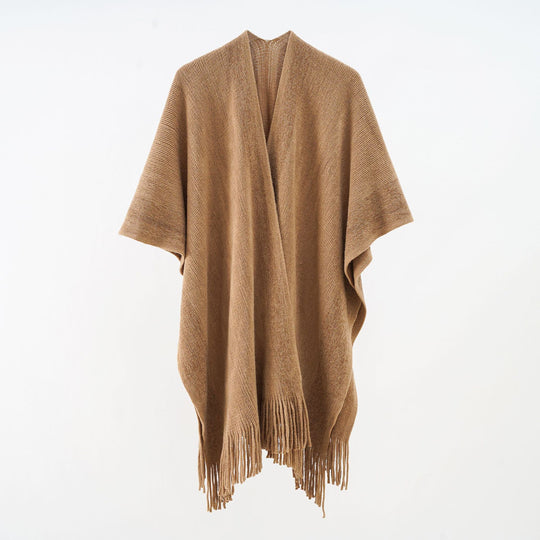 Damen Oversize-Strickcape mit Fransen und kontrastierter Bordüre Shop Nory