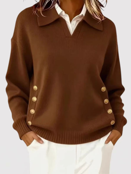 Damen Modischer Strickpullover mit Kragen und Knopfdetails