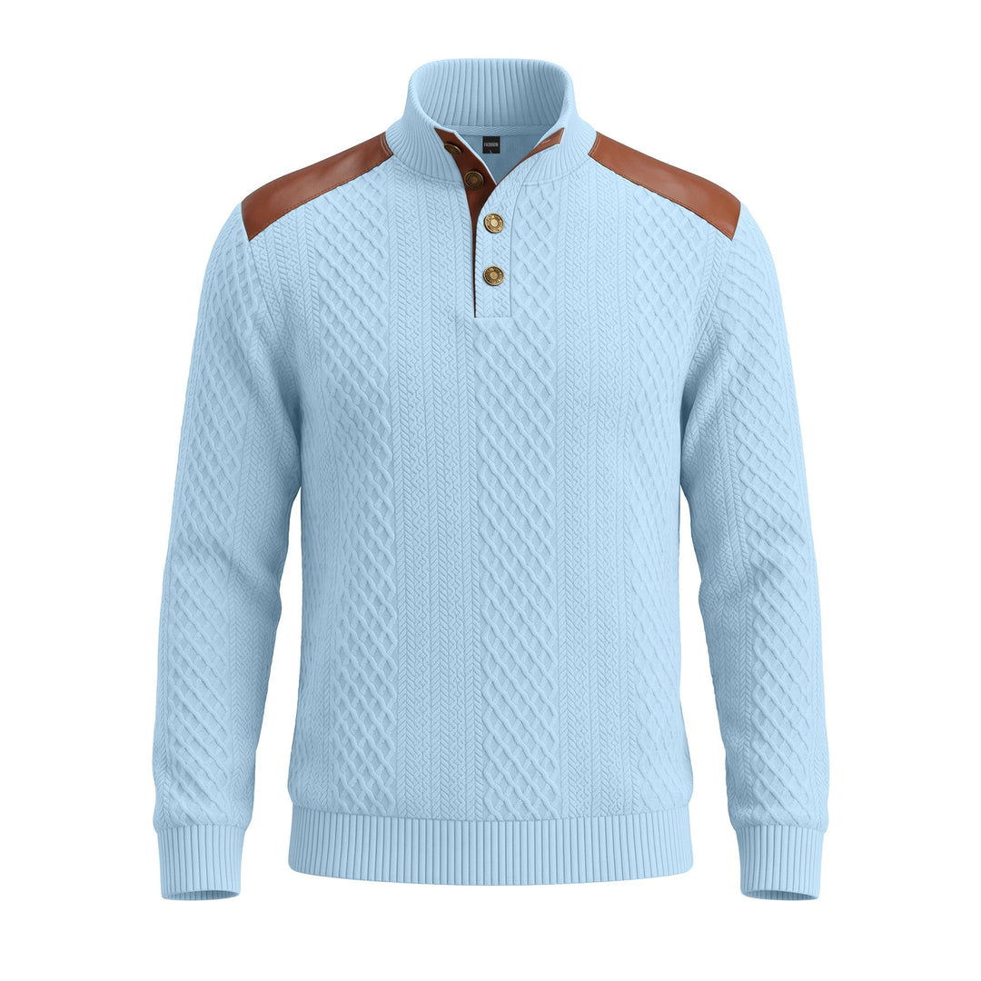 Herren Pullover mit Stehkragen, Zopfmuster und kontrastierenden Lederbesätzen Shop Nory