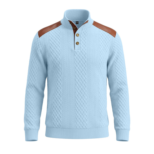 Herren Pullover mit Stehkragen, Zopfmuster und kontrastierenden Lederbesätzen Shop Nory