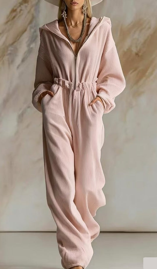 Damen Plissierter Kapuzen-Jumpsuit mit Reißverschluss und elastischer Taille Shop Nory