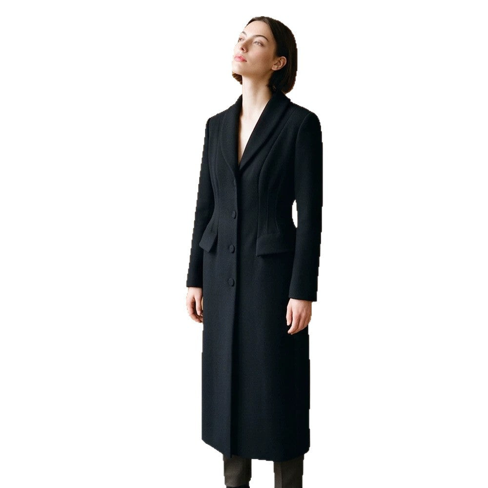 Damen Taillierter Longcoat mit Schalkragen und figurformenden Abnähern Shop Nory